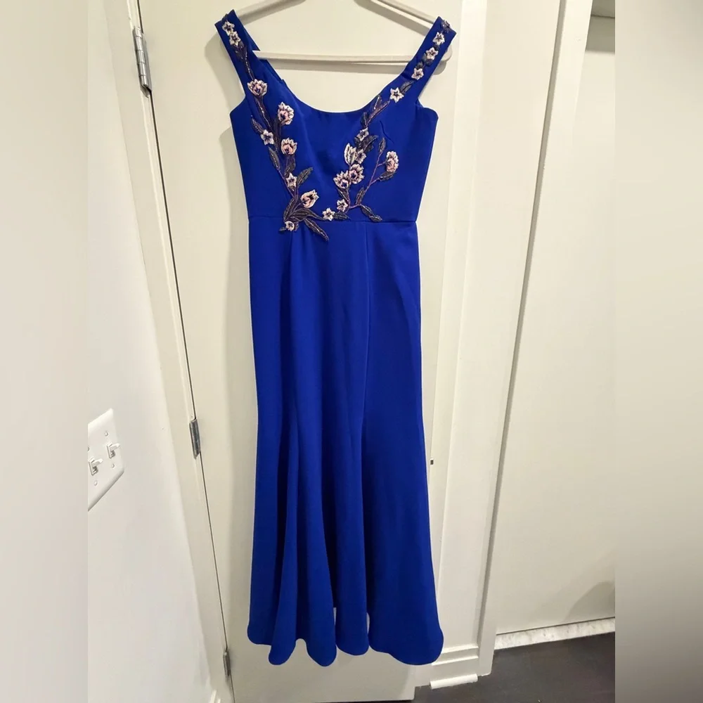 Marchesa Notte Blue Floral Embroidered Long Formal Evening Gown Dress - Picture 9 of 16